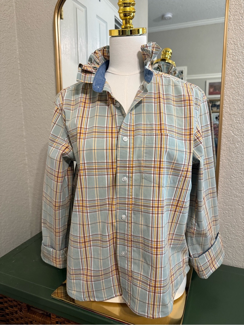 Boutique women’s Ruffle Collar Button-Up Shirt in Light Blue plaid
